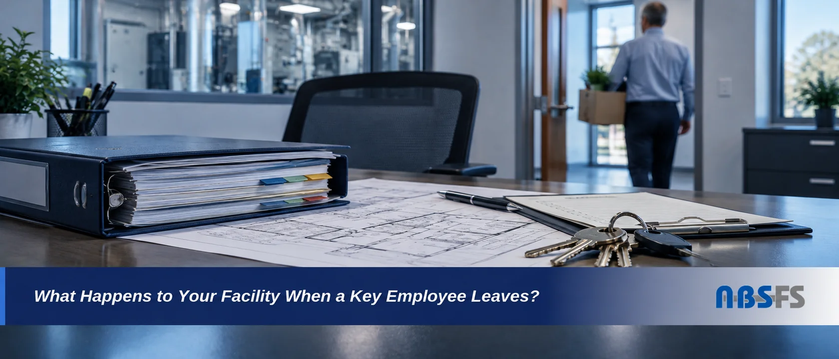 A binder of facility records and building plans on a desk with keys, as an employee walks out of the office carrying a box